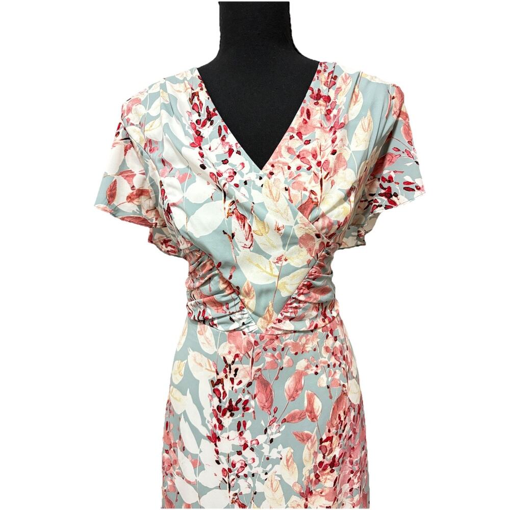 Adrianna Papell Light Blue and Pink Floral V-Neck Flutter Sleeve Wrap Midi Dress - Picture 7 of 9